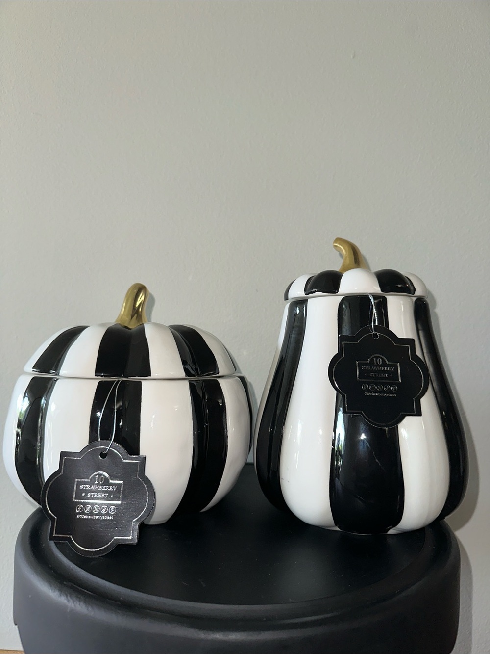 Black and White Striped Pumpkin Canister Set with Gold Stems McKenzie Childs ins
